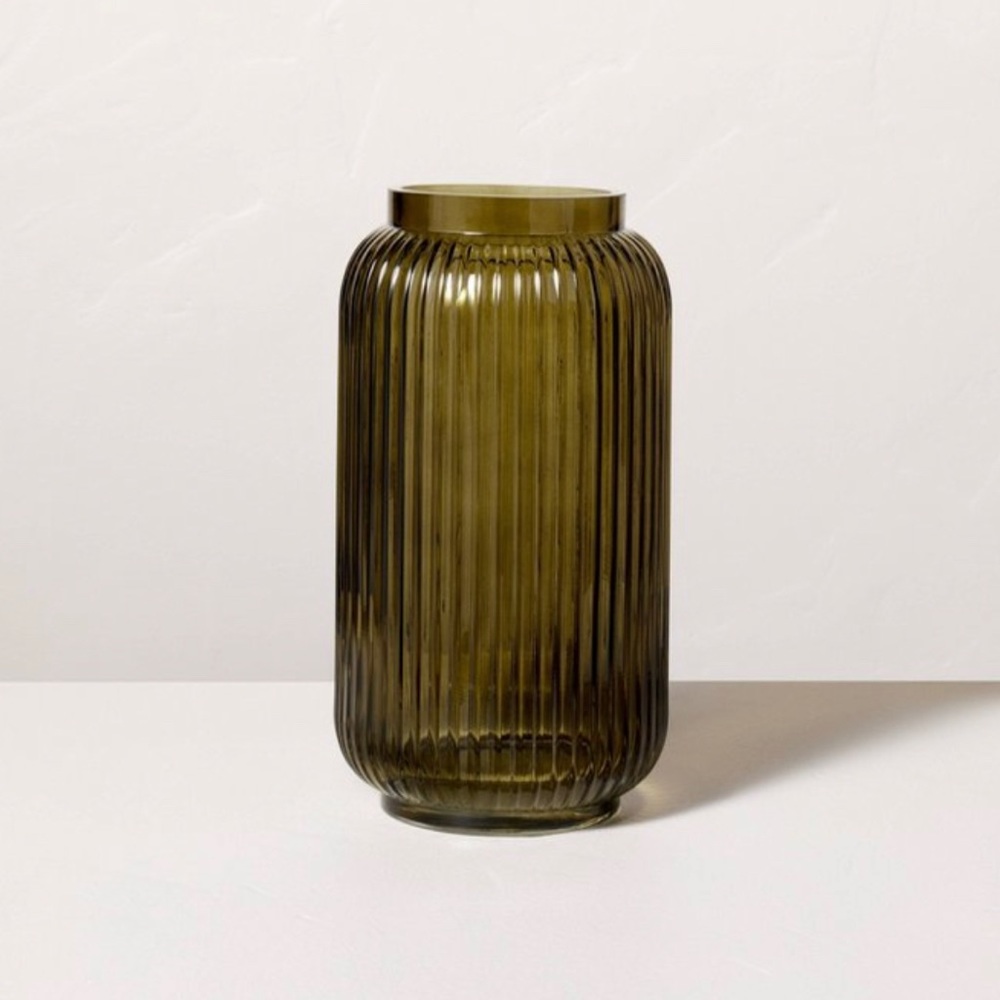 9” Ribbed glass jug vase dark olive 🫒 green